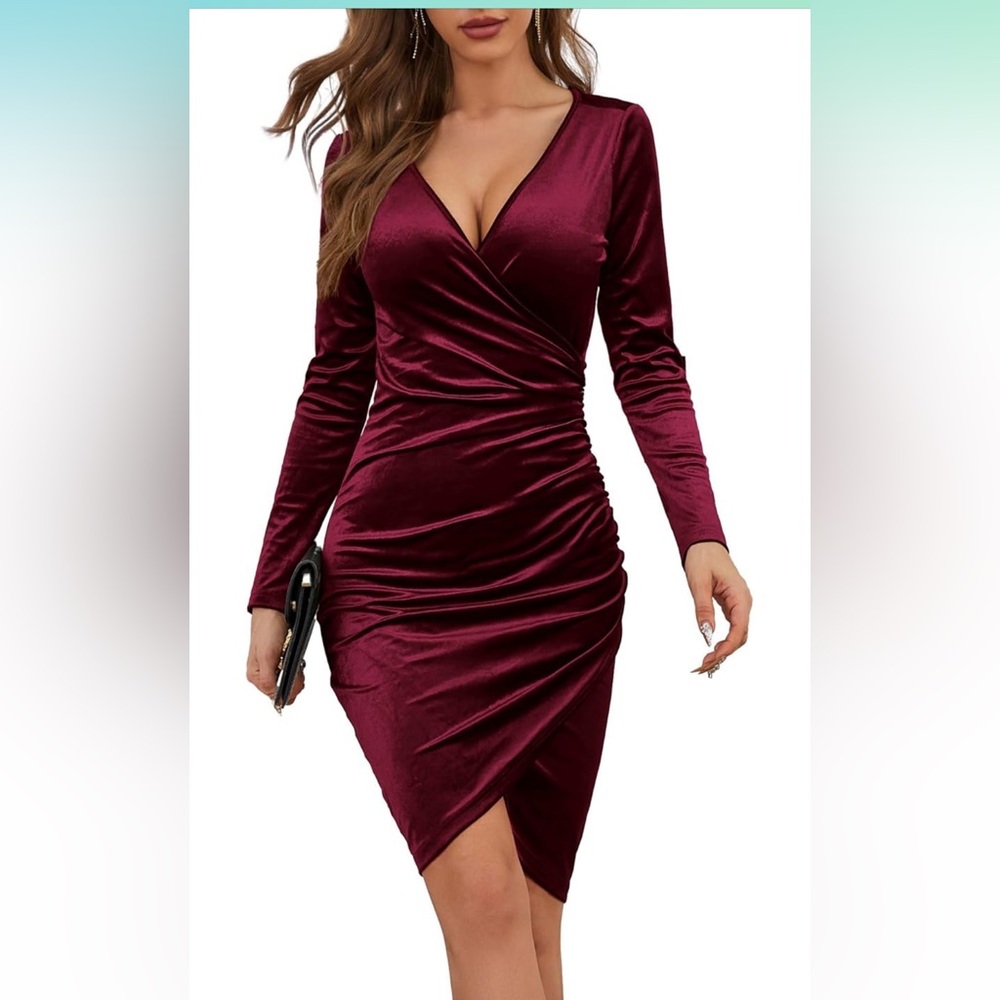Women’s long sleeve, velvet, wrap, V-neck dress in red wine color.